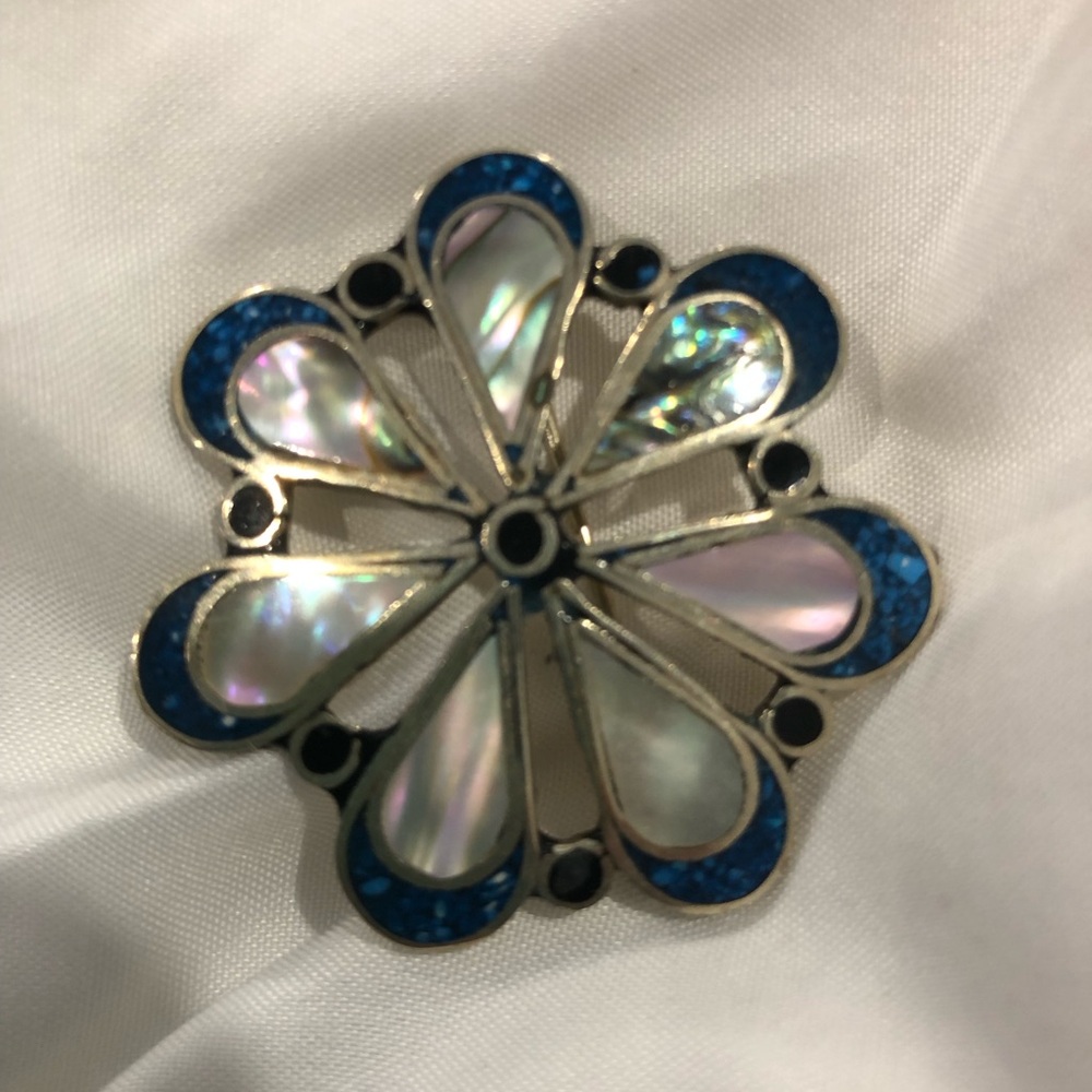 COPY - Vintage Mexican Silver Abalone and Turquoise Brooch 1.5” in Diameter